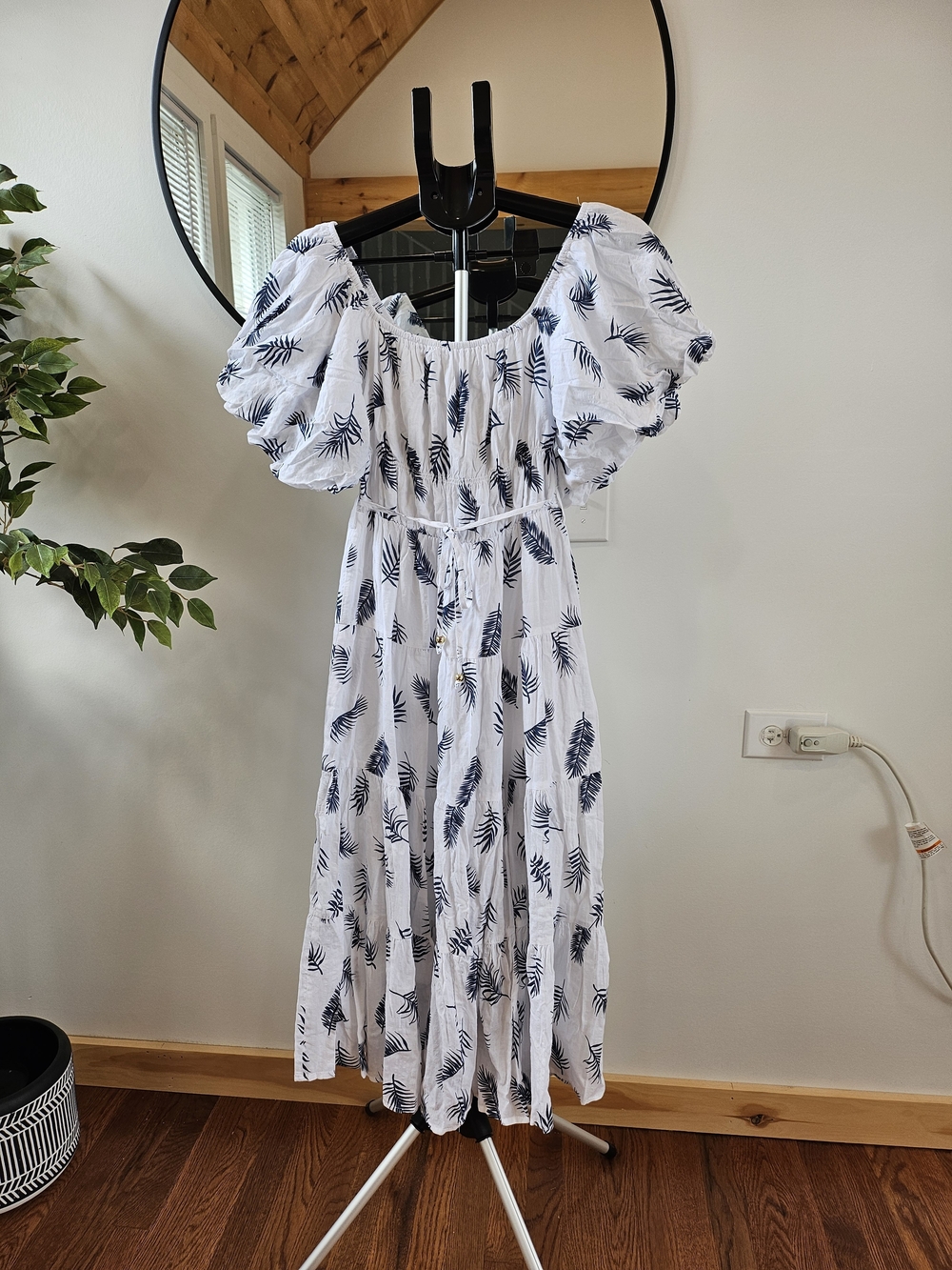 Fashion Nova White Maxi Dress with Navy Leaf Print